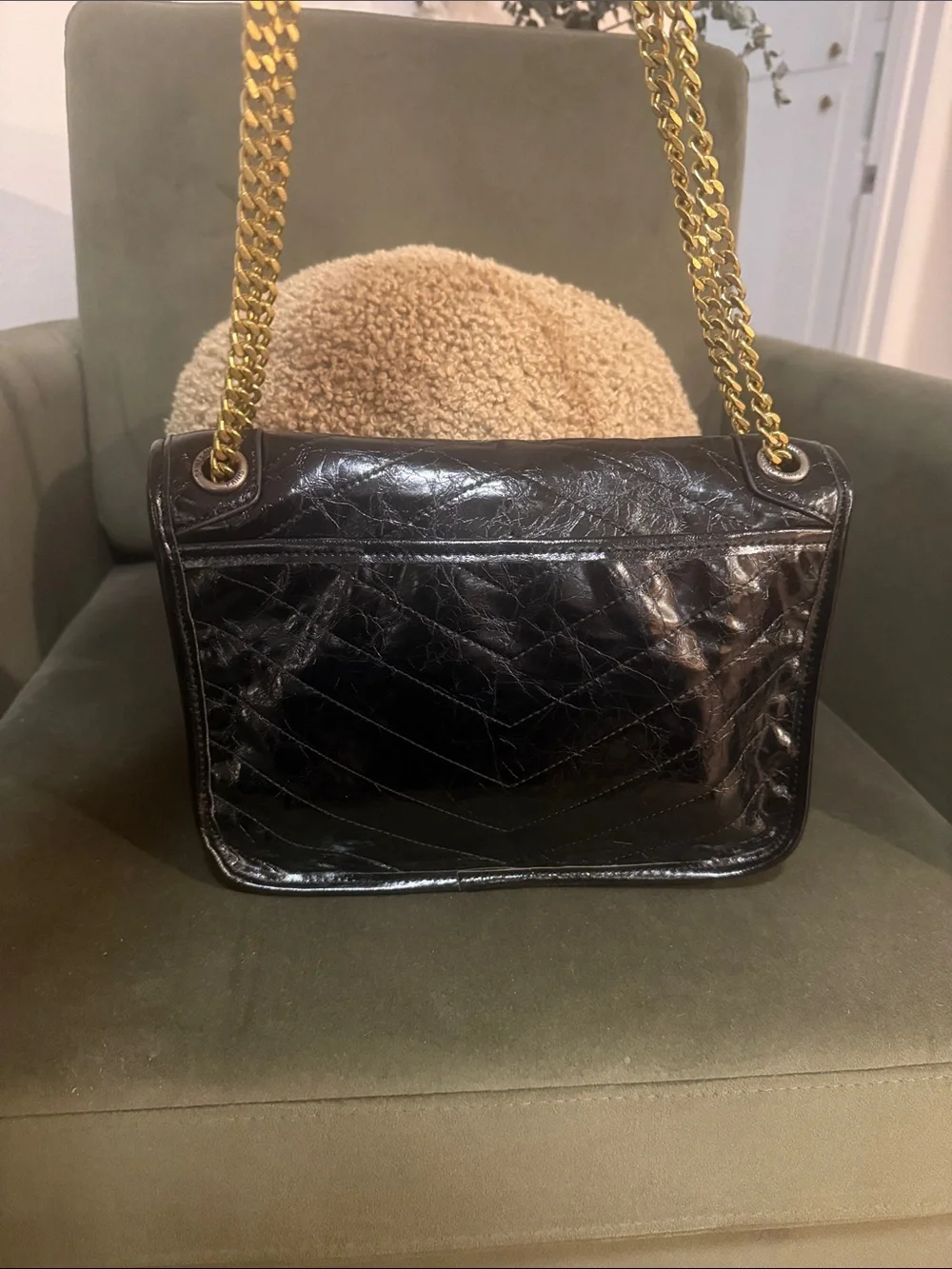 YSL Black Leather Shoulder Bag with Gold Chain